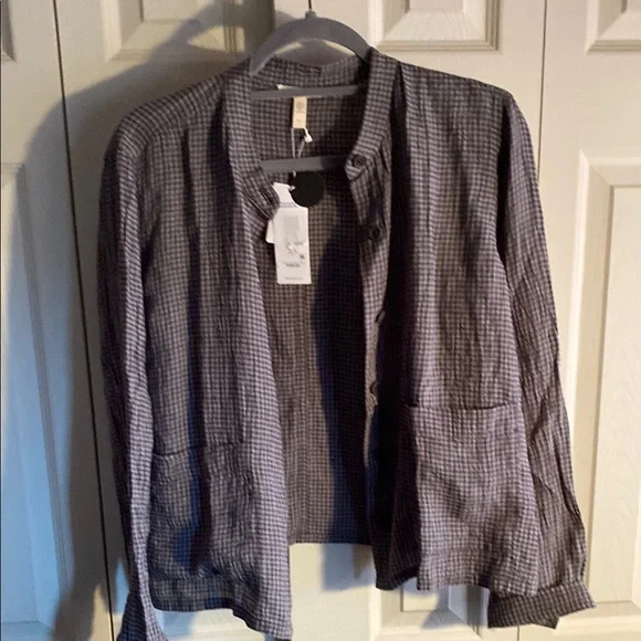 Eileen Fisher NWT Checkered Organic Cotton Mandarin Collar Button Down Shacket